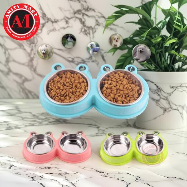 41. Frog Face Premium Double Steel Bowl for Pets 50gm Frog Face Premium Double Steel Bowl for Pets (Pink & Lemon) - Image 1