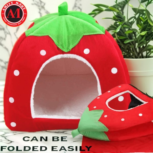 CreatorKit-AI (4) (Custom) Premium Soft Strawberry Pet House for Cats & Small Dogs – Foldable Winter Warm Bed with Removable & washable Cushion (L size) - Image 1